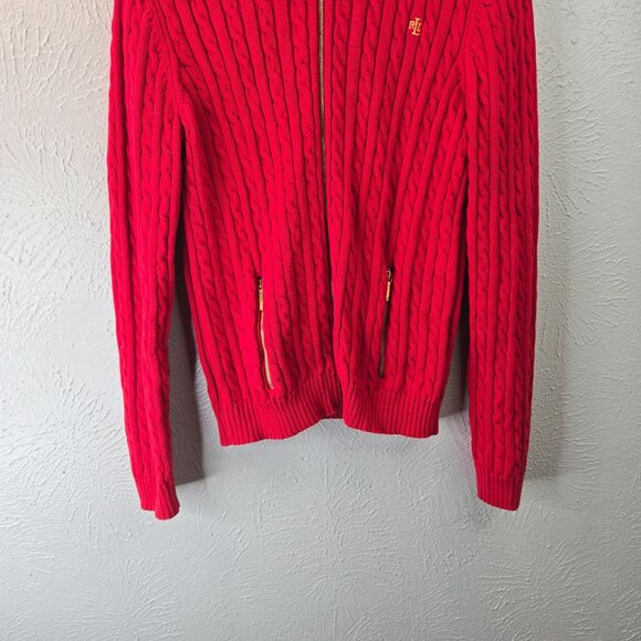 Ralph Lauren LRL Cable Knit Sweater Womens L Red Cotton Full Zip Preppy Classic - Picture 4 of 12